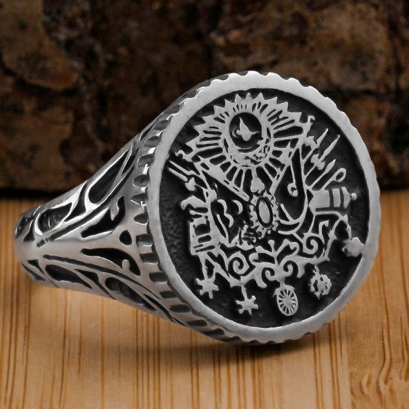 Osmanlı Devlet Armalı Yuvarlak 925 Ayar Gümüş Yüzük ürün görseli