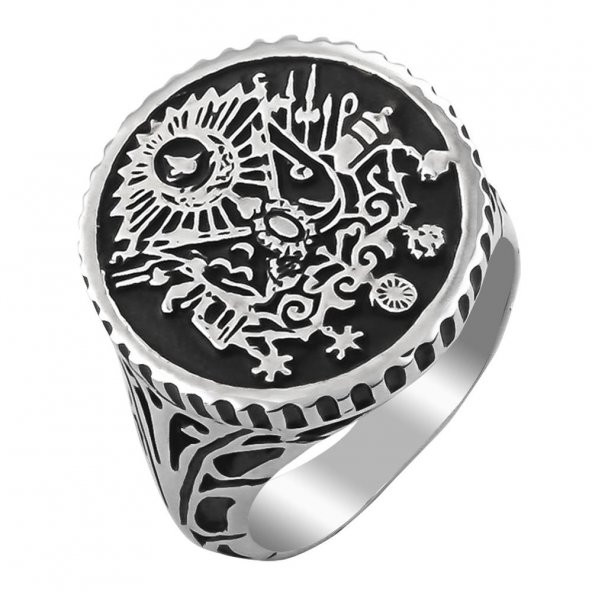 Osmanlı Devlet Armalı Yuvarlak 925 Ayar Gümüş Yüzük - Resim 3