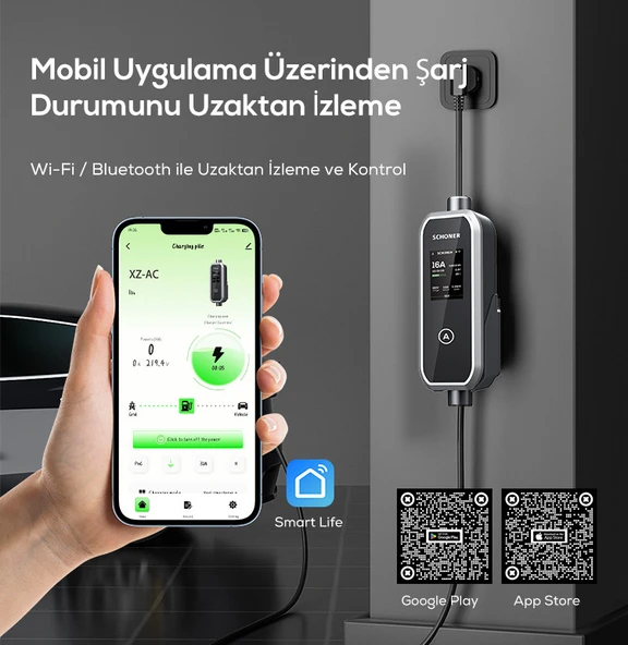 Schoner 3.5kw Taşınabilir Elektrikli Araç Şarj Istasyonu -Tak ve Şarj Et- Wi-Fi / Bluetooth Smart 5 Metre Tip2 Kablolu - 3