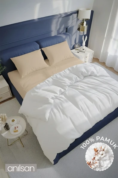 Düz Bej Çift Kişilik Çarşaf Seti %100 Pamuk, 63tel (Çarşaf+Yastık Kılıfı)