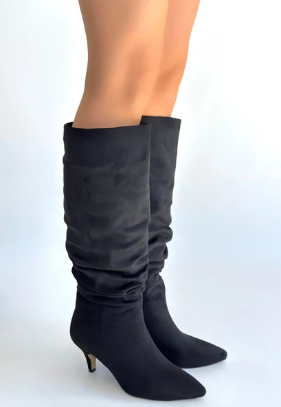 Pabucmarketi Siyah Süet Kadın Topuklu Çizme - 3