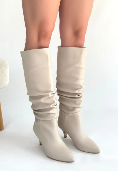 Pabucmarketi Bej Kadın Topuklu Çizme