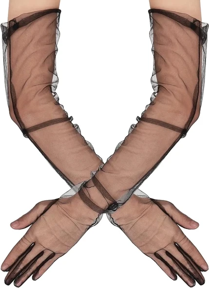 Uzun Boy Likralı Siyah Renk Yetişkin Mega Tül Eldiven 53 Cm ürün görseli