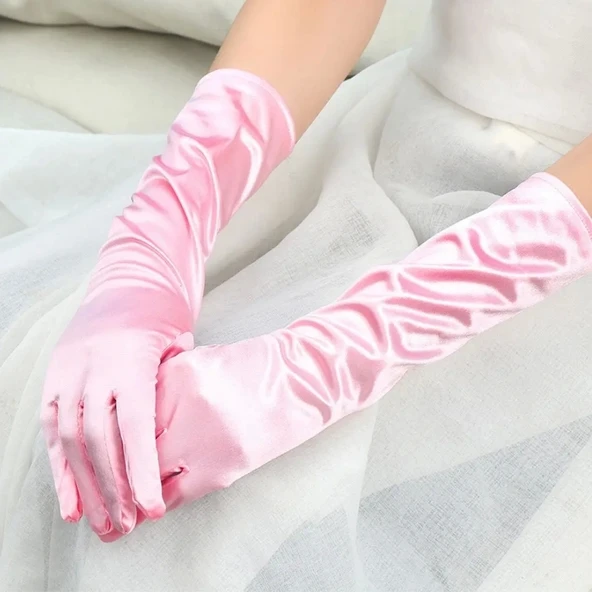 Uzun Boy Ekstra Parlak Saten Eldiven Pembe Renk ürün görseli