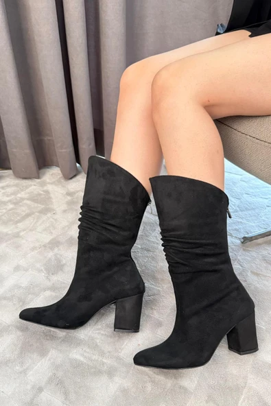 Kadın Saşa Siyah Süet Körüklü Arkadan Fermuarl Kalın Topuklu Sivri Burun Orta Boy Çizme - 2