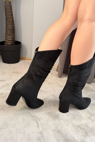 Kadın Saşa Siyah Süet Körüklü Arkadan Fermuarl Kalın Topuklu Sivri Burun Orta Boy Çizme - 4