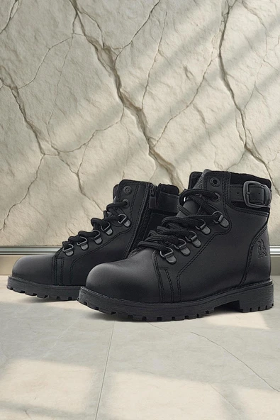 Hakiki Deri Siyah Gerçek Kürklü Bağcıklı Fermuarlı Çocuk Botu ürün görseli