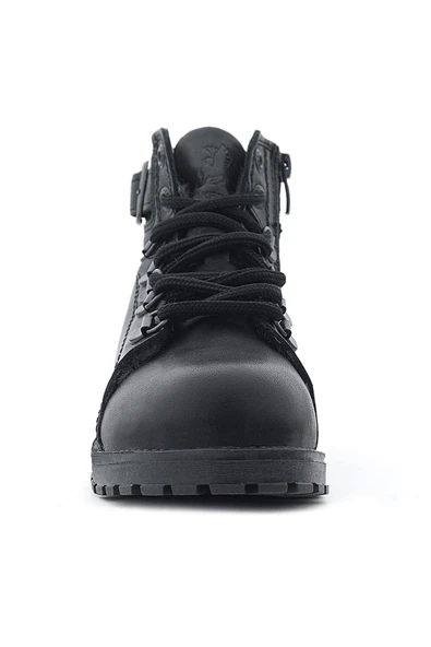 Hakiki Deri Siyah Gerçek Kürklü Bağcıklı Fermuarlı Çocuk Botu - Resim 6