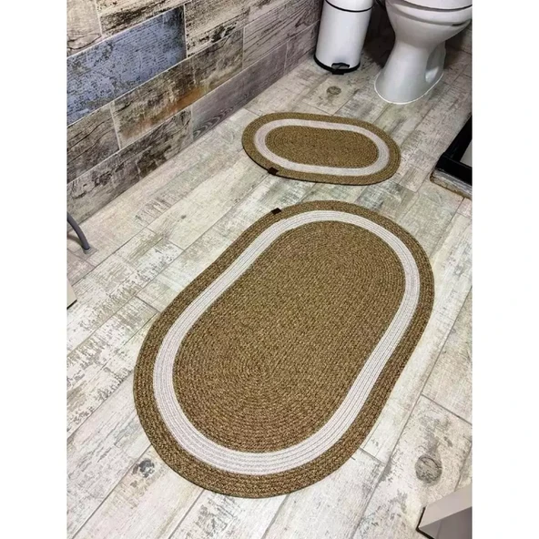 Jüt Hasır 2li Banyo Paspas Takımı-Bej Ortası Beyaz - 2
