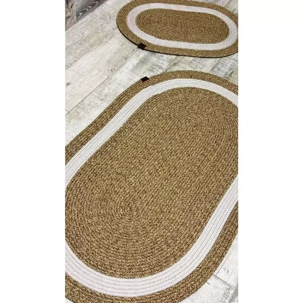 Jüt Hasır 2li Banyo Paspas Takımı-Bej Ortası Beyaz