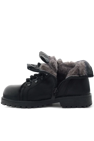 Hakiki Deri Siyah Gerçek Kürklü Bağcıklı Fermuarlı Çocuk Botu - Resim 4