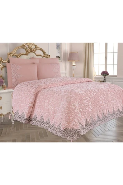 Madame Clean Home Eylül Fransız Dantelli Battaniye Seti 6 Parça Pudra - 1