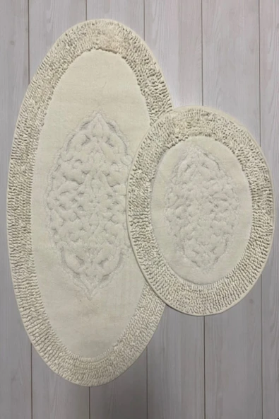 Mood Halı Oval Pamuk Makarna Damaks 2'li Klozet Takımı Banyo Paspas Seti Beyaz - 3