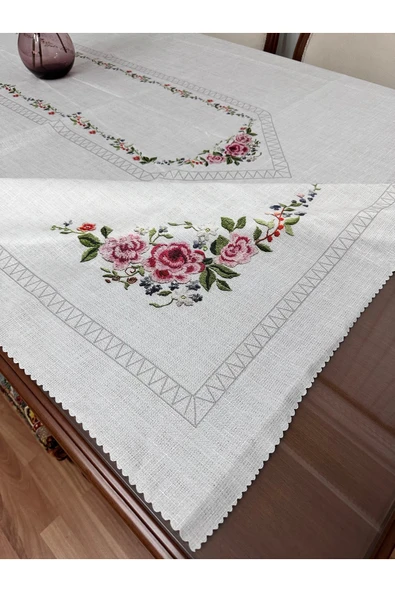 Madame Clean Home Lüx Dertsiz Leke Tutmaz Keten Baskılı Masa Örtüsü 160x220 Krem Çiçek - Resim 3