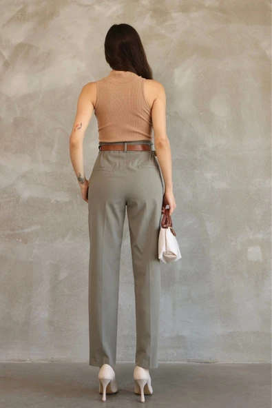 Cep Detaylı Beli Lastikli Gabardin Kumaş Pantolon 6019-Haki - Resim 8