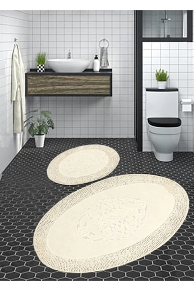 Madame Clean Home Cotton Special %100 Pamuk 2'li Oval Osmanlı Desen Pamuklu Klozet Takımı Krem - 1