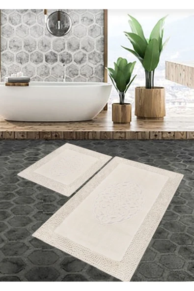 Madame Clean Home Special 2'li Osmanlı Desen Pamuklu Klozet Takımı Krem %100 Pamuk - 1