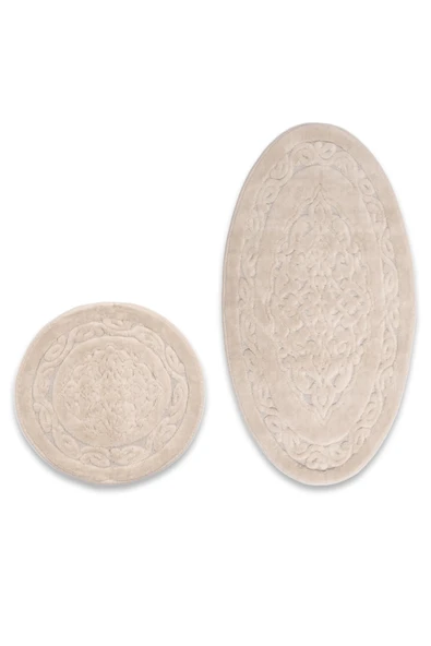 İva Home Collections Lotus Oval 2'li Pamuklu Klozet Takımı, Krem Banyo Paspas Seti - 2