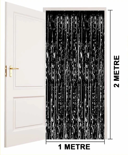 Siyah Renk Ekstra Metalize Parlak Saçaklı Arka Fon Perde İthal A Kalite 1x2 Metre - 4