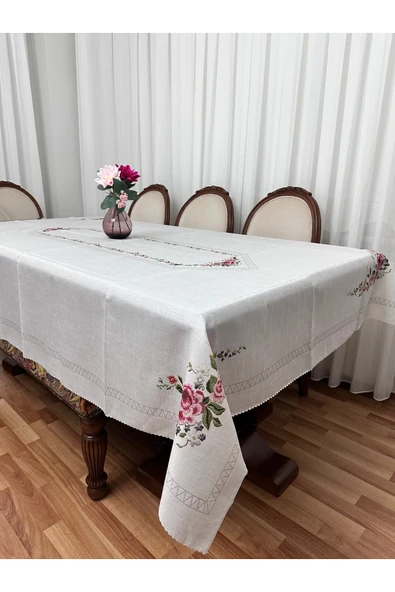 Madame Clean Home Lüx Dertsiz Leke Tutmaz Keten Baskılı Masa Örtüsü 160x220 Krem Çiçek ürün görseli