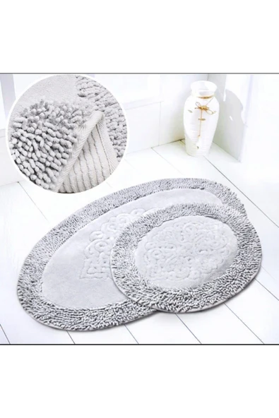 Madame Clean Home Cotton Special %100 Pamuk 2'li Oval Osmanlı Desen Pamuklu Klozet Takımı Gri - 2