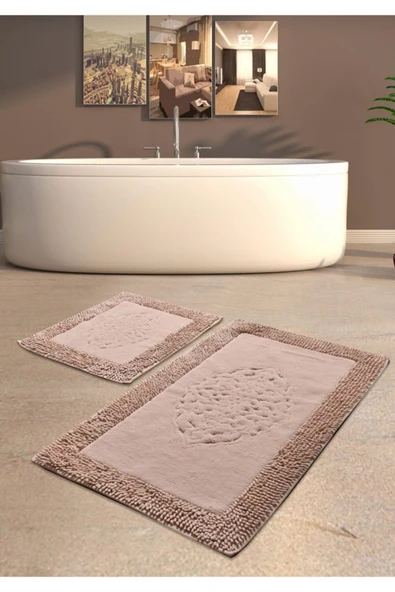 Madame Clean Home Cotton Special 2'li Osmanlı Desen Pamuklu Klozet Takımı Pudra - 1
