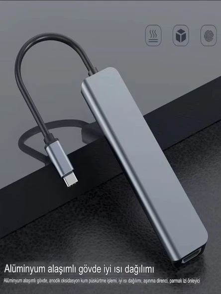 7in1 Aluminium PD100W Hızlı Şarj 4K 60Hz HDM 3xUSB 1xType-C TF/SD Usb Çoklayıcı Çevirici - 4