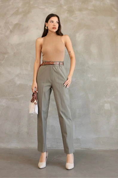 Cep Detaylı Beli Lastikli Gabardin Kumaş Pantolon 6019-Haki - Resim 2