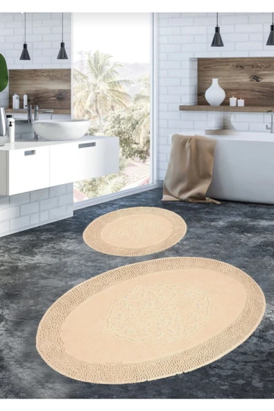 Madame Clean Home Cotton Special %100 Pamuk 2'li Oval Osmanlı Desen Pamuklu Klozet Takımı Cappucino - 1