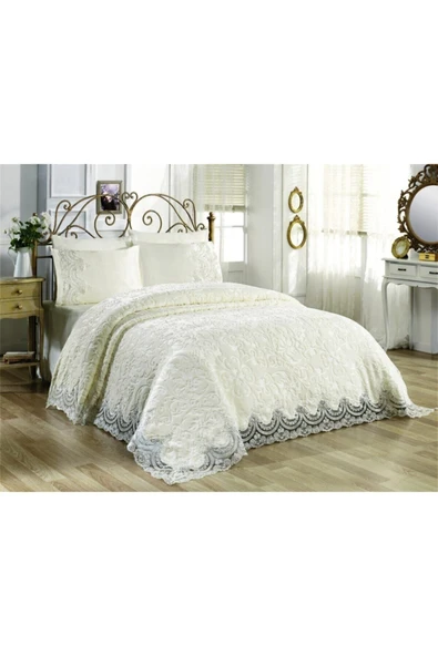 Madame Clean Home Eylül Fransız Dantelli Battaniye Seti 6 Parça Krem - 1