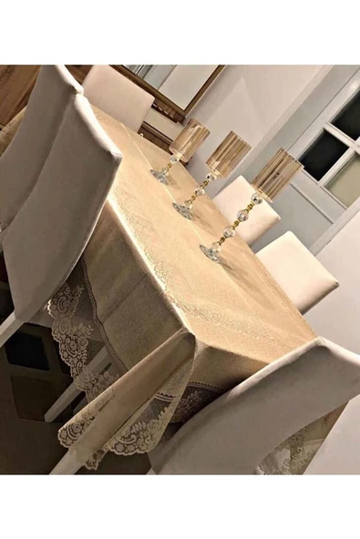 biocotton Dantelli Dertsiz Masa Örtüsü Sosyete Bej Renk Tül Masa Örtüsü Şık Tasarım Dantelli Dertsiz 160x220cm ürün görseli
