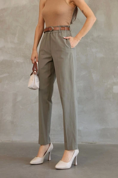 Cep Detaylı Beli Lastikli Gabardin Kumaş Pantolon 6019-Haki - Resim 5