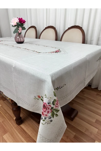 Madame Clean Home Lüx Dertsiz Leke Tutmaz Keten Baskılı Masa Örtüsü 160x220 Krem Çiçek - Resim 2