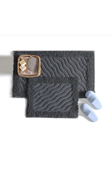 Madame Clean Home Cotton Marlow 2'li Pamuklu Klozet Takımı Antrasit Banyo Paspas Seti Klozet Takımı - 1