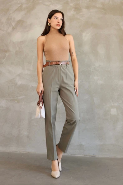Cep Detaylı Beli Lastikli Gabardin Kumaş Pantolon 6019-Haki ürün görseli