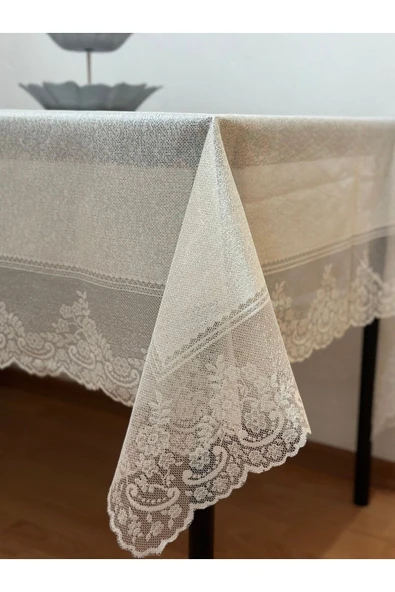 Madame Clean Home Çini Desenli Dertsiz Leke Tutmaz Dantelli Masa Örtüsü Krem 160x220 Cm - 3