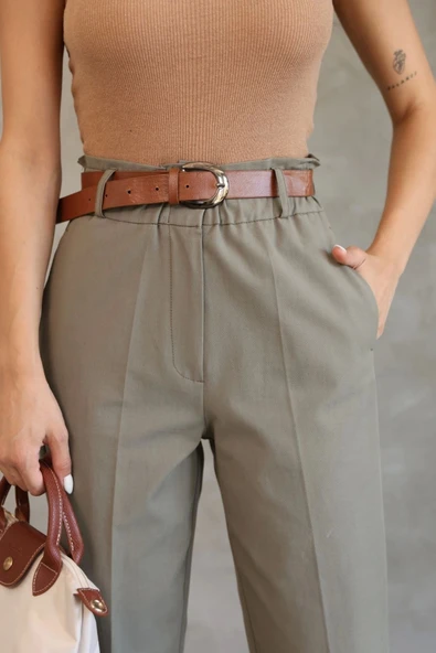 Cep Detaylı Beli Lastikli Gabardin Kumaş Pantolon 6019-Haki - Resim 7