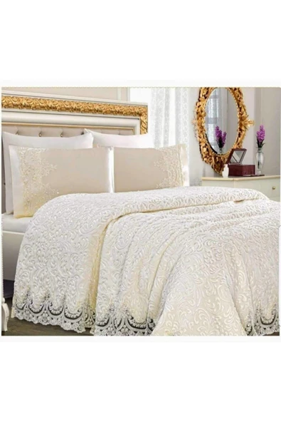 Madame Clean Home Krem Fransız Güpürlü Battaniye Yatak Örtüsü Çeyizlik Battaniye Seti - 1