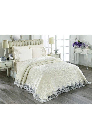 Madame Clean Home Eylül Fransız Dantelli Battaniye Seti 6 Parça Krem - 2