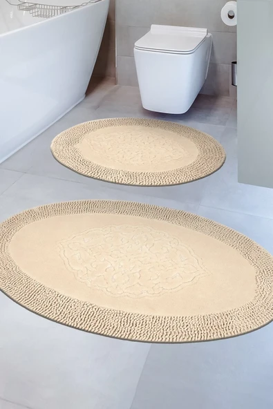 İva Home Collections Tiffany Oval 2'li Pamuklu Klozet Takımı, Capuccino Banyo Paspas Seti - 1