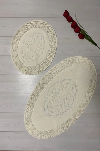 Mood Halı Oval Pamuk Makarna Damaks 2'li Klozet Takımı Banyo Paspas Seti Beyaz - 1