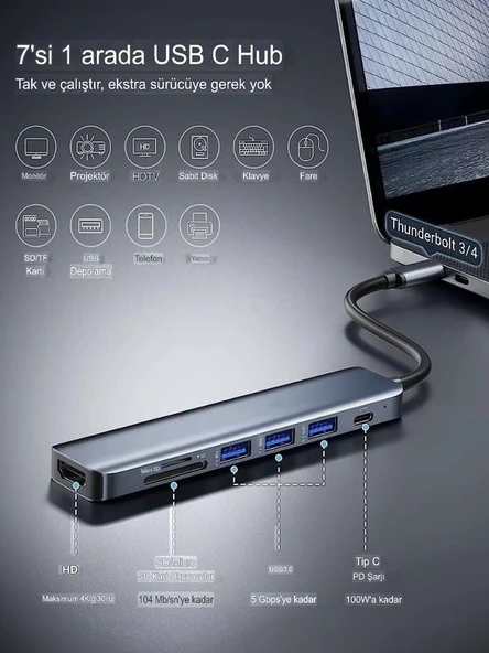 7in1 Aluminium PD100W Hızlı Şarj 4K 60Hz HDM 3xUSB 1xType-C TF/SD Usb Çoklayıcı Çevirici - 6