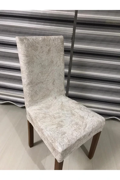 Hilal Home Bej Ipek Kadife Damar Desen 6'lı Likralı Sandalye Kılıfı - 1