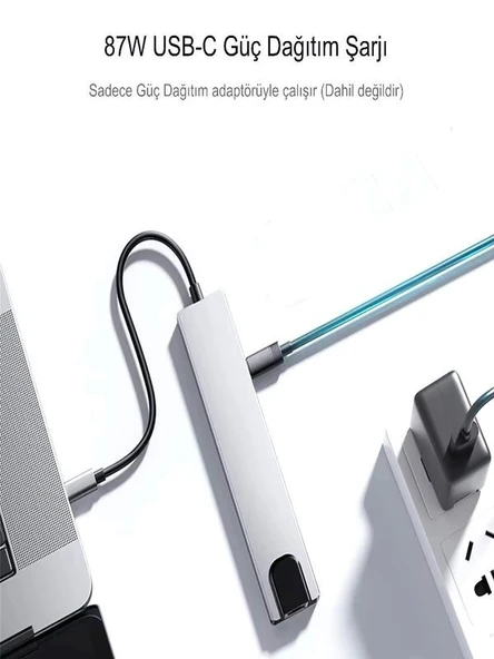 8in1 Aluminium PD100W Hızlı Şarj 4K 1xEthernet 1xHDM 2xUSB 2xType-C TF/SD Usb Çoklayıcı Çevirici - Resim 4