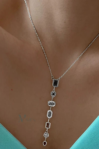Butik Stainless Steell Renkli Taş Modeli Çelik Y Kolye – Y Şekilli, Renkli Taşlı, (GÜMÜŞ RENK) - 1