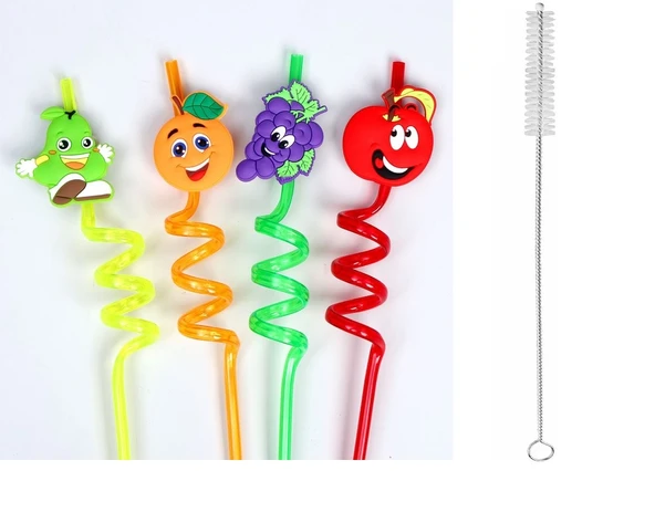5 Parça Renkli Pipet Seti - Emojili Spiral Kokteyl- Çocuk Pipeti Temizleme Fırçalı - Resim 2