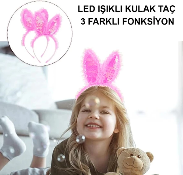 Kenarları Dantelli Fuşya Pullu Payetli Led Işıklı Tavşan Kulak Taç 23x19 Cm - 4