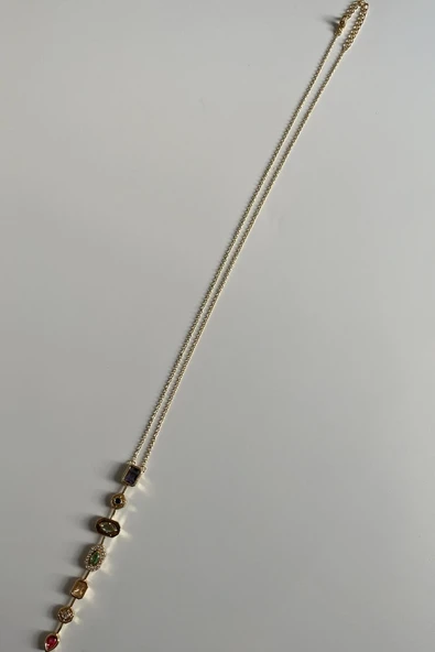 Butik Steel Çok 7 Element Renkli Taşlı Y Kolye Modeli Gold - 3