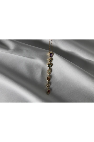 Butik Steel Çok 7 Element Renkli Taşlı Y Kolye Modeli Gold - 6