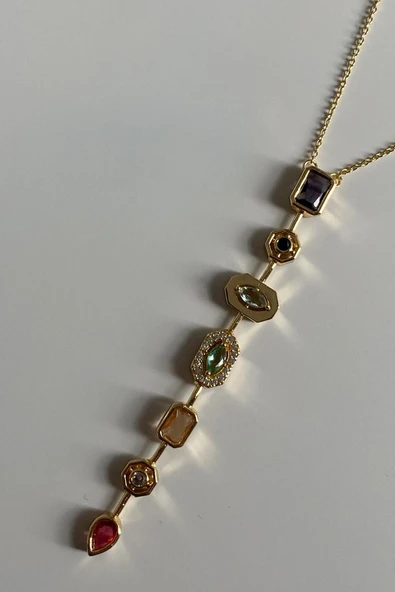 Butik Steel Çok 7 Element Renkli Taşlı Y Kolye Modeli Gold - 1
